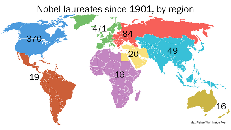Illustration for article titled Este mapa de premios Nobel es un triste reflejo de la desigualdad